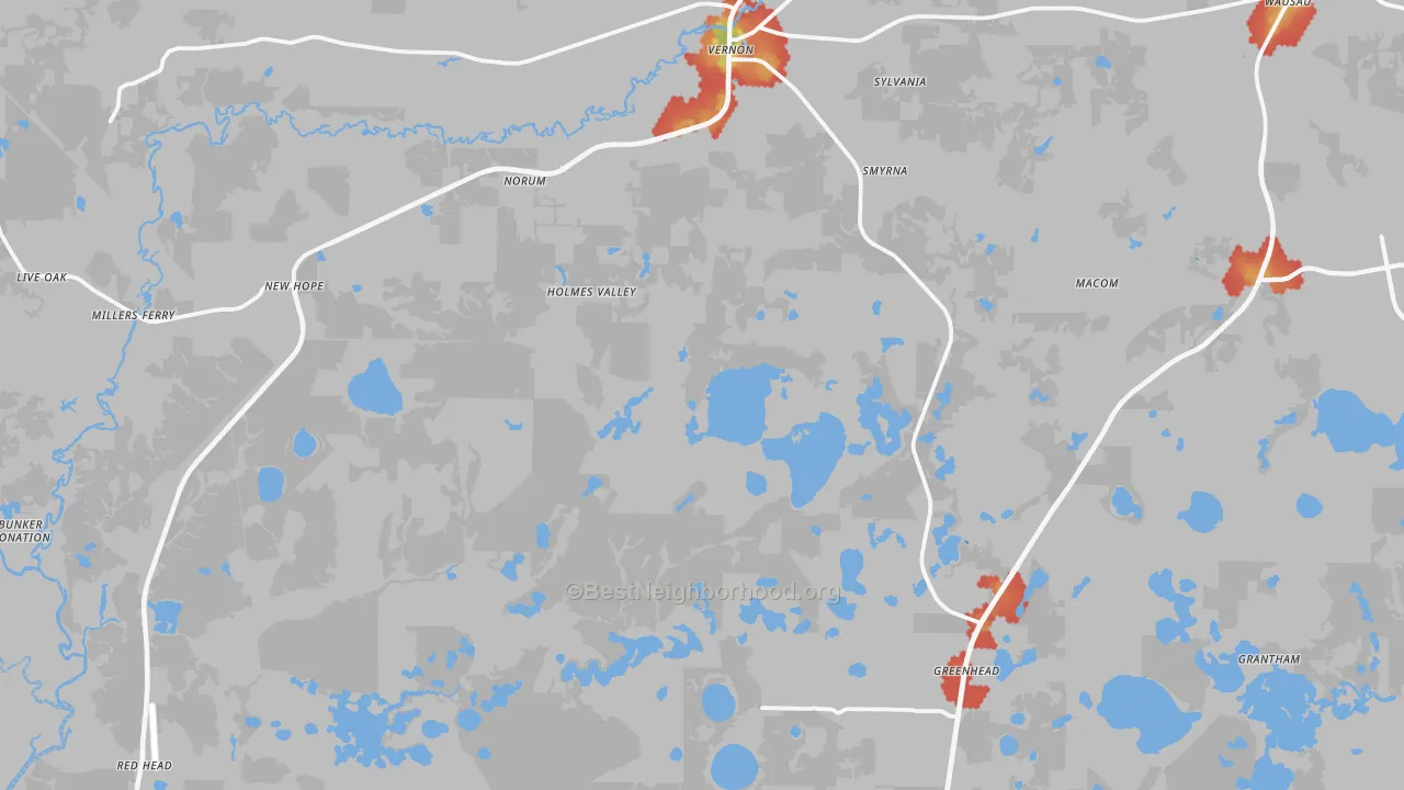 Walk Grade map of Vernon, FL, walkable areas in green and car-dependent areas in red