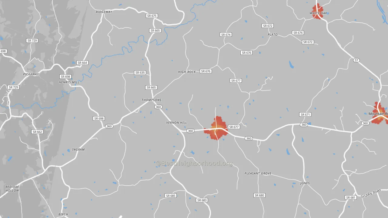 Walk Grade map of Vernon Hill, VA, walkable areas in green and car-dependent areas in red