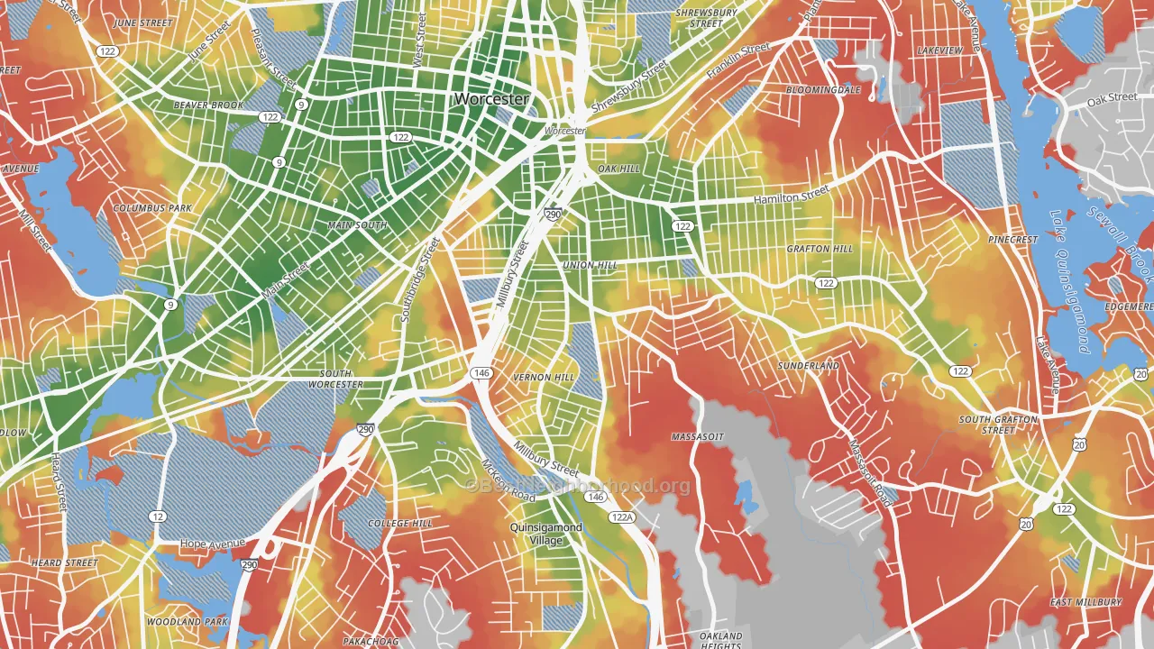Walk Grade map of Vernon Hill, Worcester, MA, walkable areas in green and car-dependent areas in red