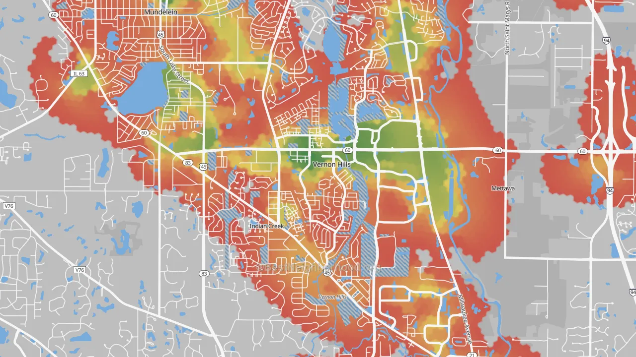 Walk Grade map of Vernon Hills, IL, walkable areas in green and car-dependent areas in red