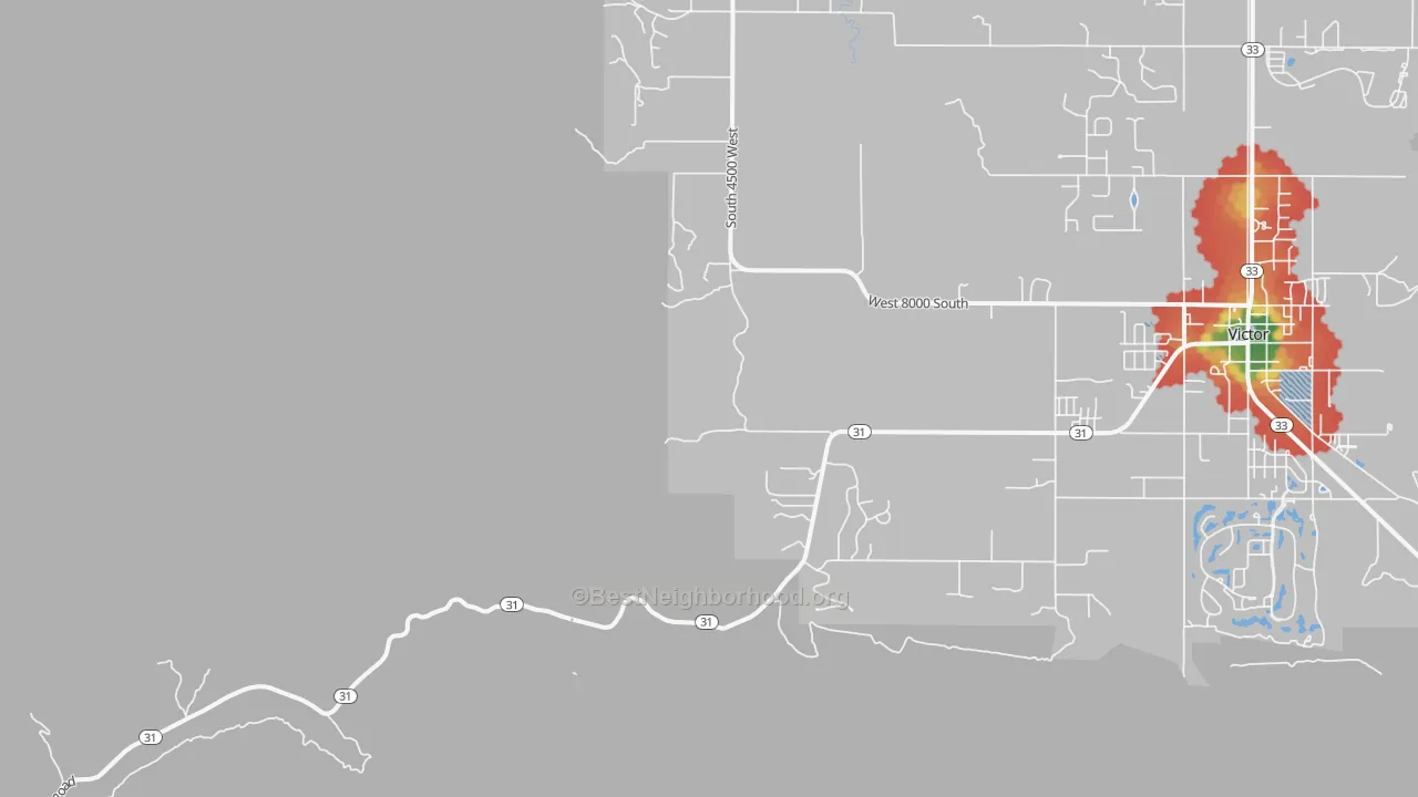 Walk Grade map of Vernon, ID, walkable areas in green and car-dependent areas in red