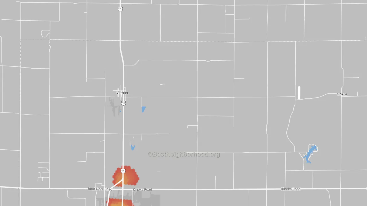 Walk Grade map of Vernon, IL, walkable areas in green and car-dependent areas in red