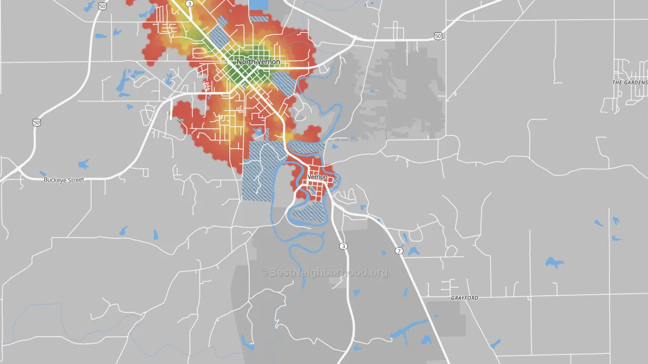 Walk Grade map of Vernon, IN, walkable areas in green and car-dependent areas in red
