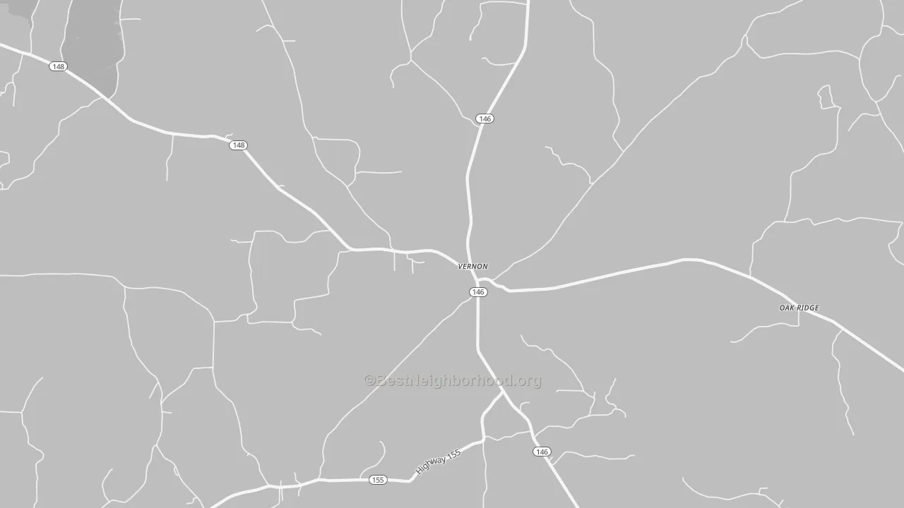 Walk Grade map of Vernon, LA, walkable areas in green and car-dependent areas in red