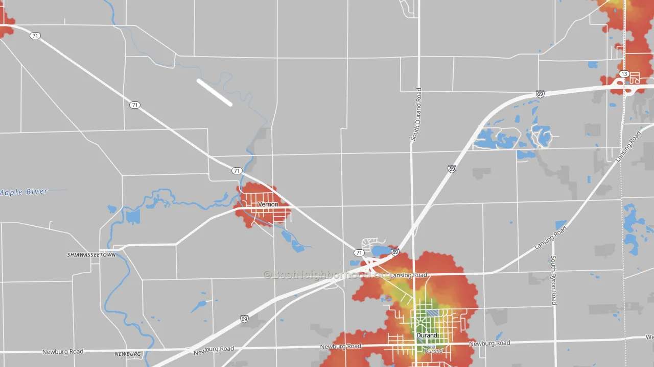 Walk Grade map of Vernon, MI, walkable areas in green and car-dependent areas in red