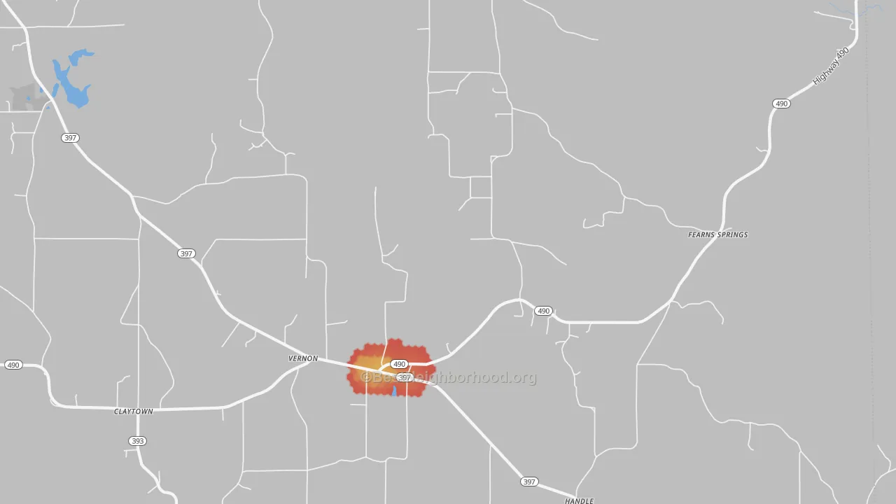 Walk Grade map of Vernon, MS, walkable areas in green and car-dependent areas in red