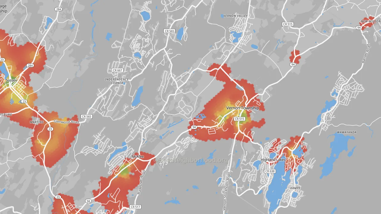 Walk Grade map of Vernon, NJ, walkable areas in green and car-dependent areas in red