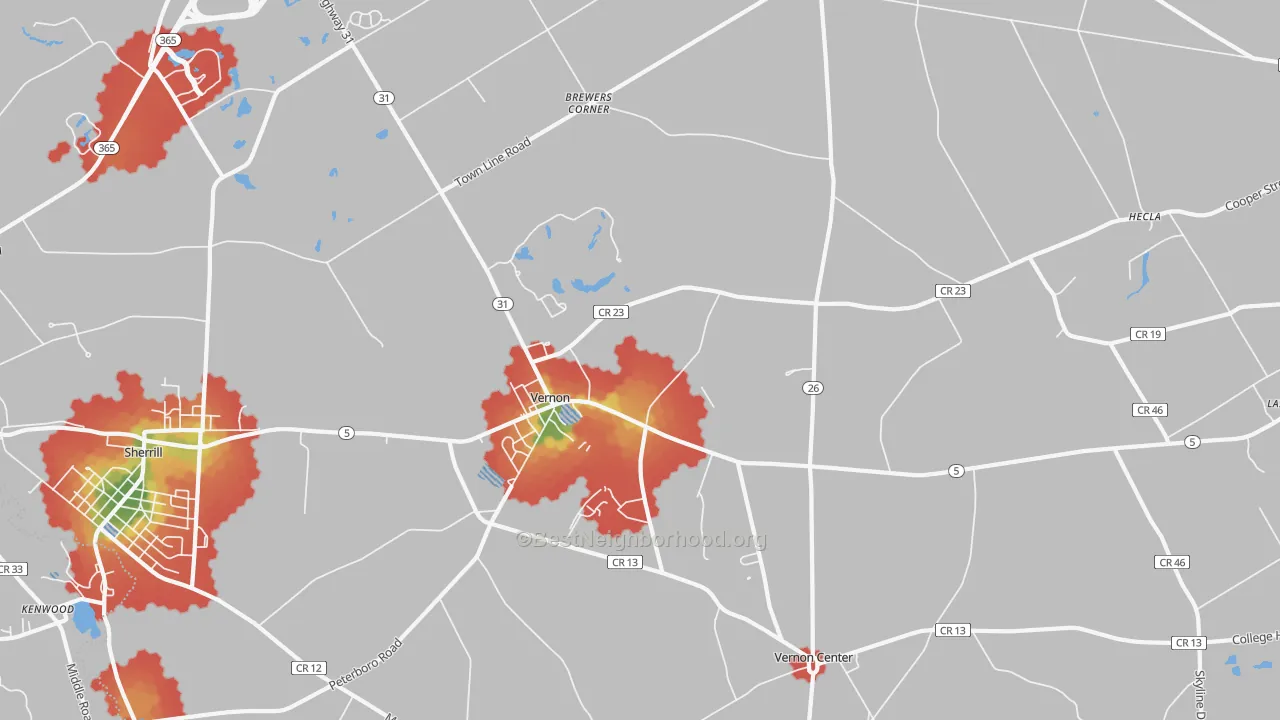 Walk Grade map of Vernon, NY, walkable areas in green and car-dependent areas in red
