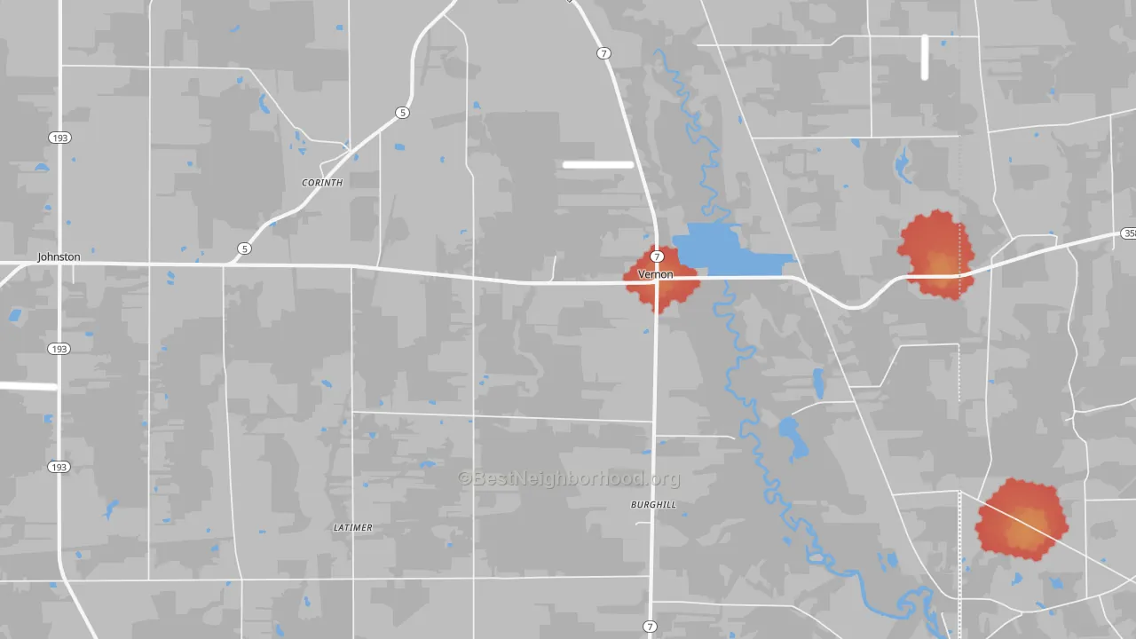 Walk Grade map of Vernon, OH, walkable areas in green and car-dependent areas in red