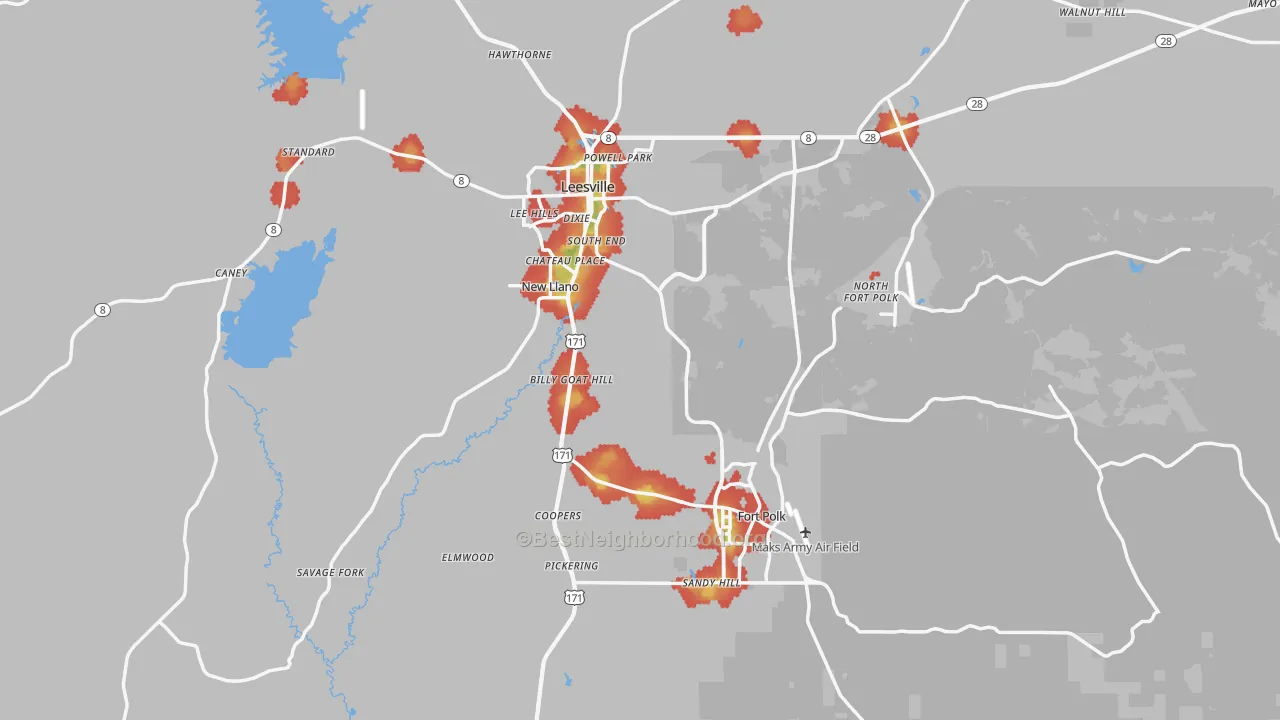 Walk Grade map of Vernon Parish, LA, walkable areas in green and car-dependent areas in red