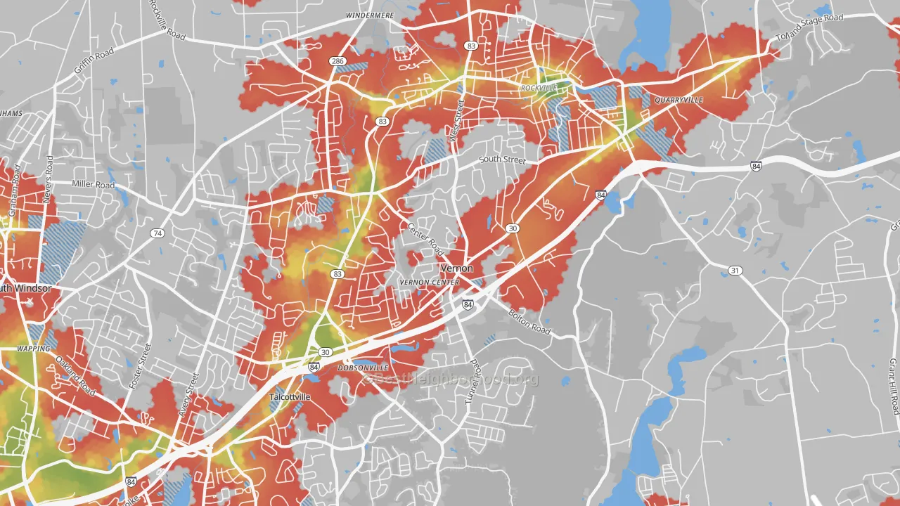 Walk Grade map of Vernon-Rockville, CT, walkable areas in green and car-dependent areas in red