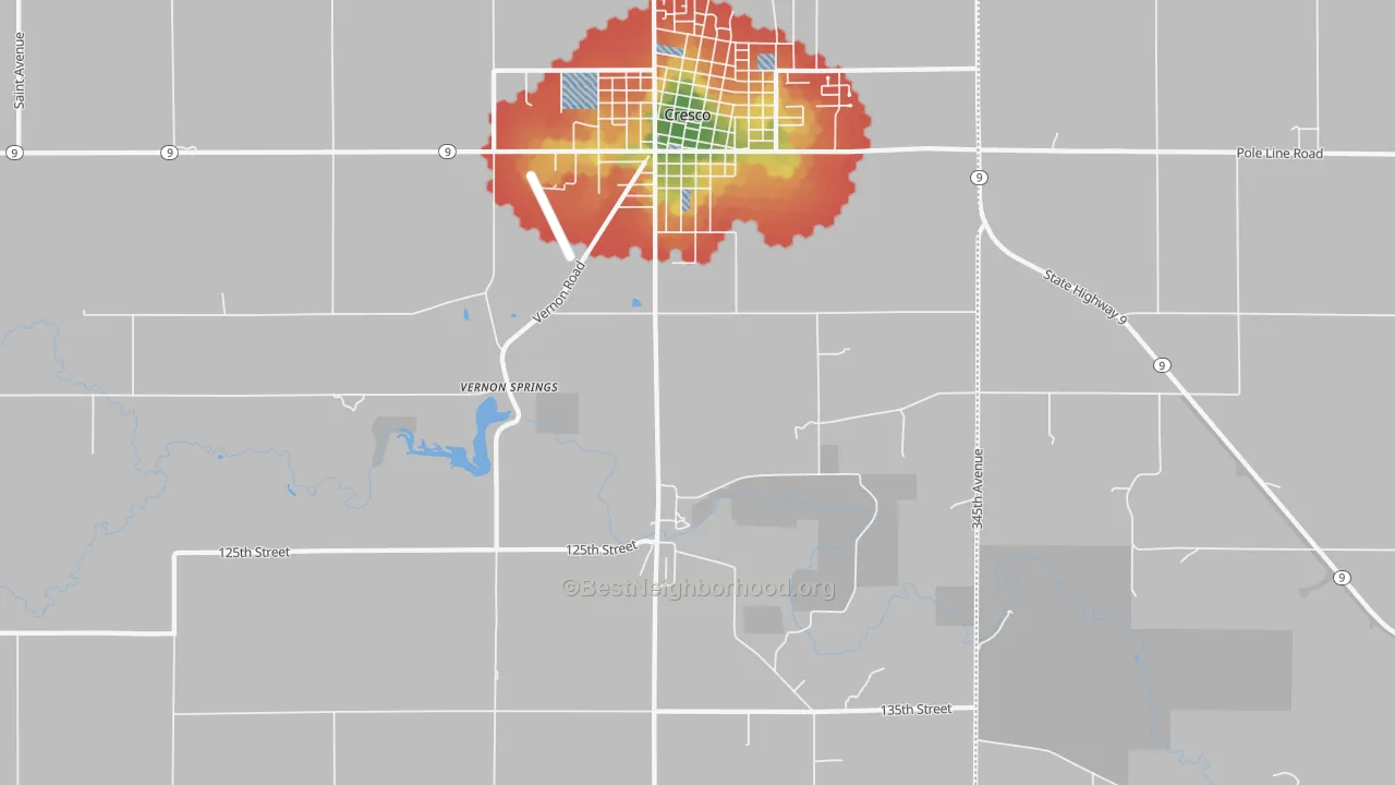 Walk Grade map of Vernon Springs, IA, walkable areas in green and car-dependent areas in red