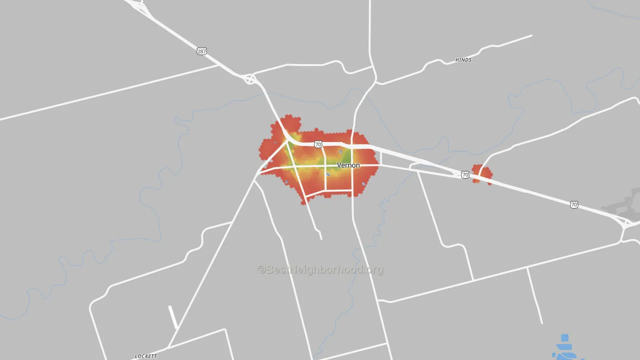 Walk Grade map of Vernon, TX, walkable areas in green and car-dependent areas in red