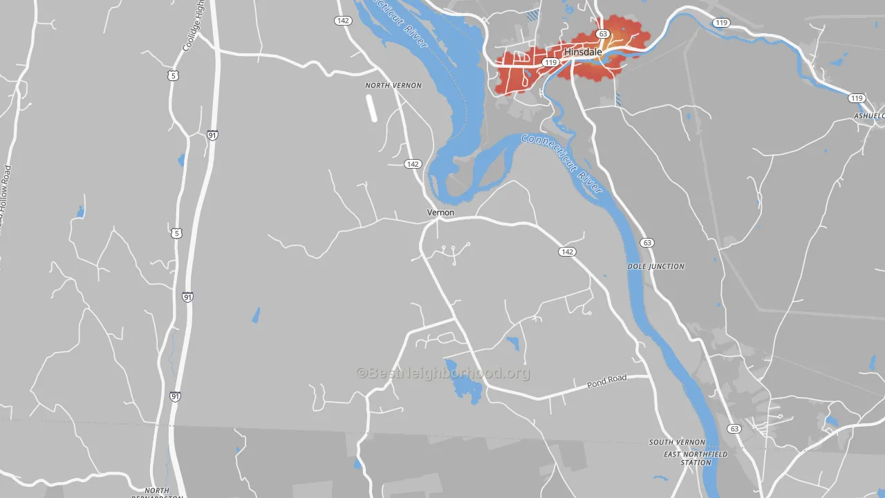 Walk Grade map of Vernon, VT, walkable areas in green and car-dependent areas in red