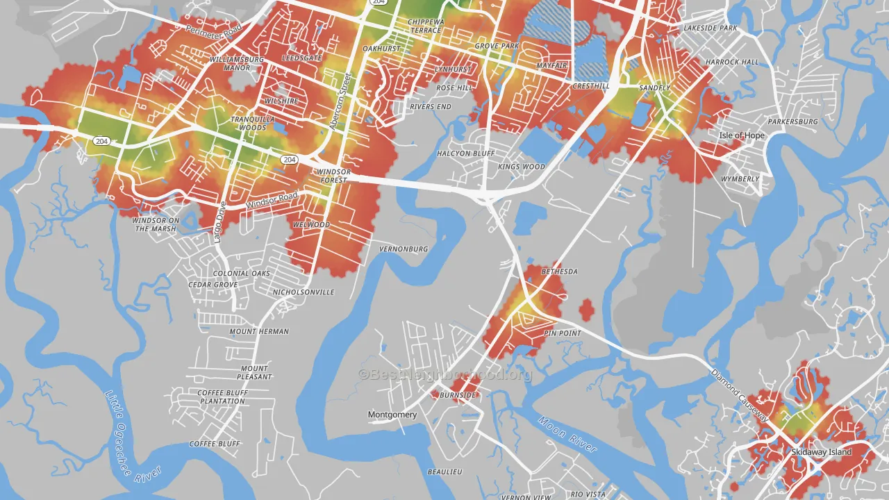 Walk Grade map of Vernonburg, GA, walkable areas in green and car-dependent areas in red