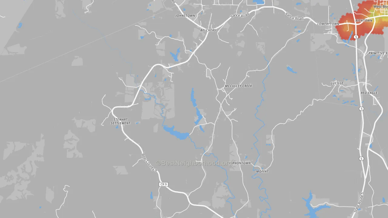 Walk Grade map of Vernontown, AL, walkable areas in green and car-dependent areas in red