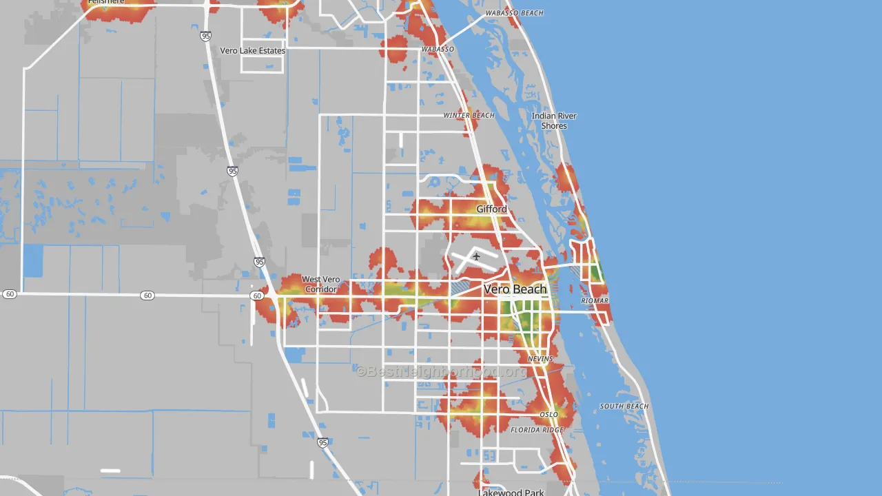 Walk Grade map of Vero Beach, FL, walkable areas in green and car-dependent areas in red