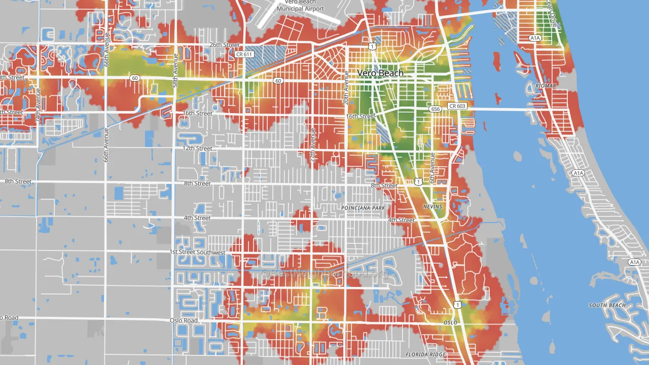 Walk Grade map of Vero Beach South, FL, walkable areas in green and car-dependent areas in red