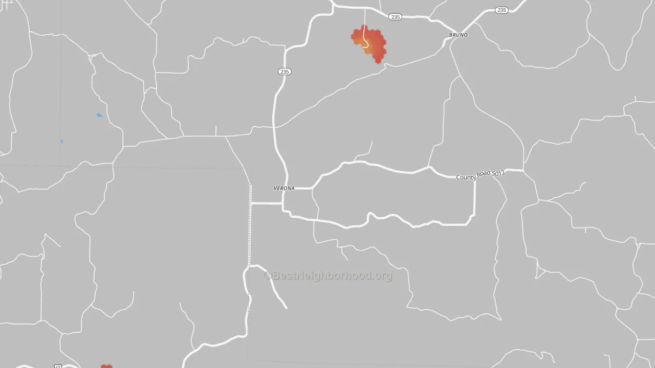 Walk Grade map of Verona, AR, walkable areas in green and car-dependent areas in red