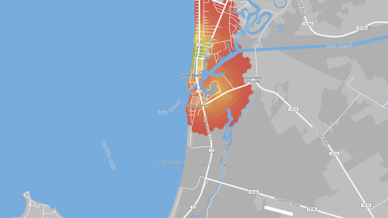 Walk Grade map of Verona Beach, NY, walkable areas in green and car-dependent areas in red