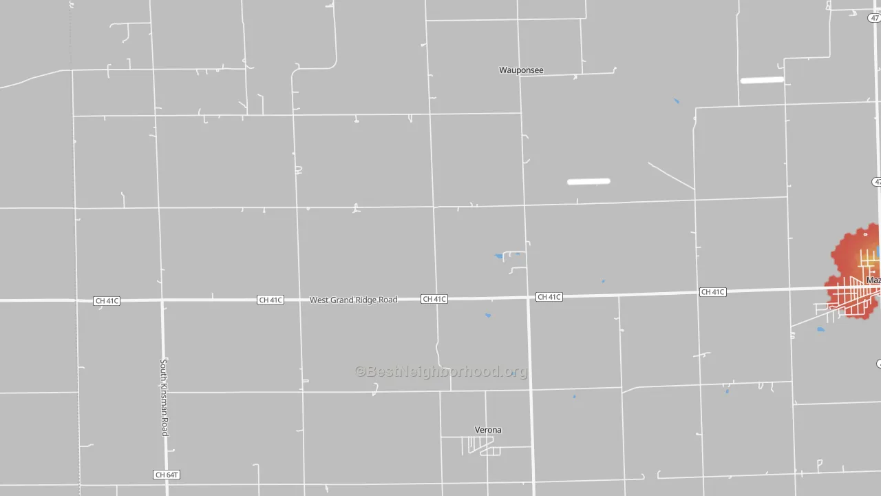 Walk Grade map of Verona, IL, walkable areas in green and car-dependent areas in red