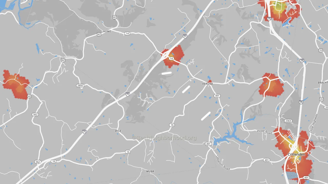 Walk Grade map of Verona, KY, walkable areas in green and car-dependent areas in red