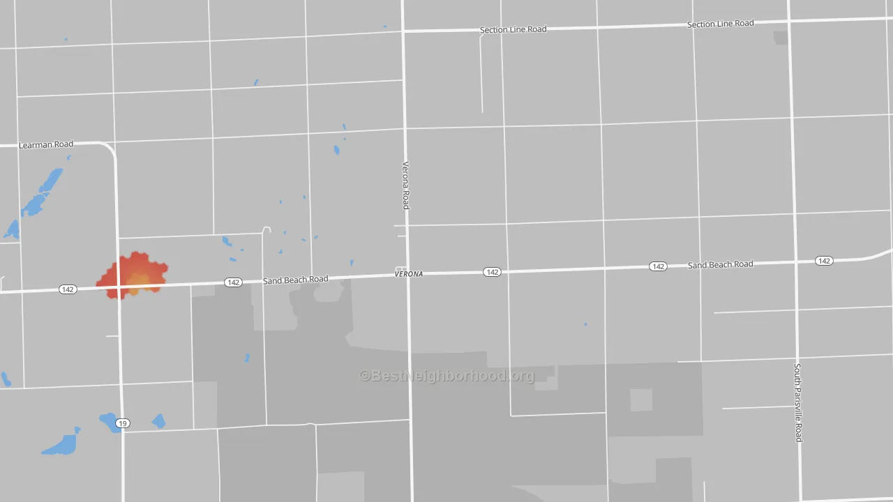 Walk Grade map of Verona, MI, walkable areas in green and car-dependent areas in red