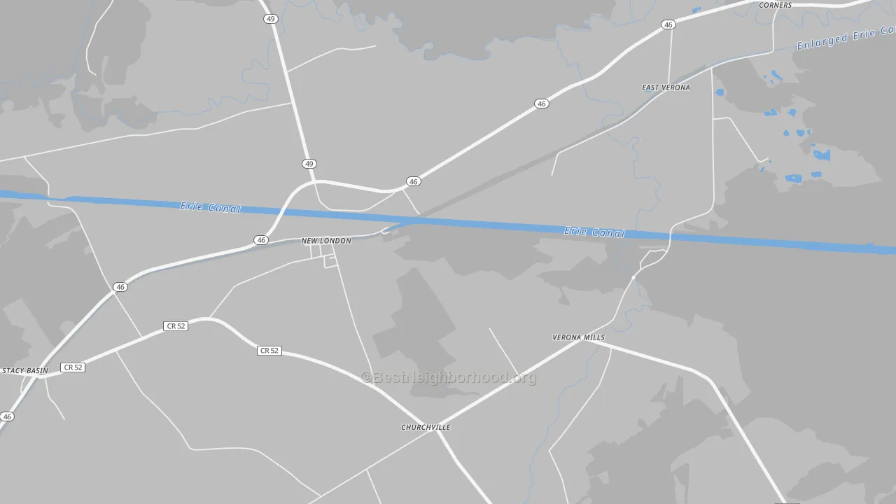 Walk Grade map of Verona Mills, NY, walkable areas in green and car-dependent areas in red
