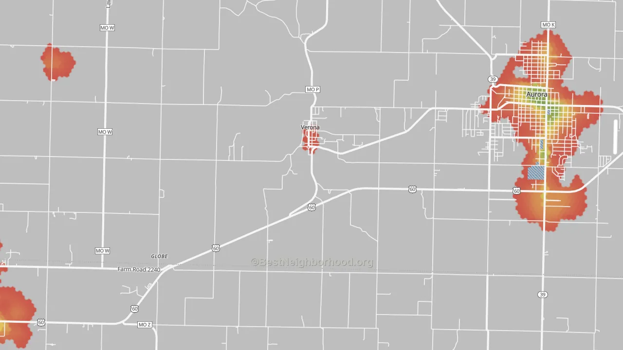 Walk Grade map of Verona, MO, walkable areas in green and car-dependent areas in red