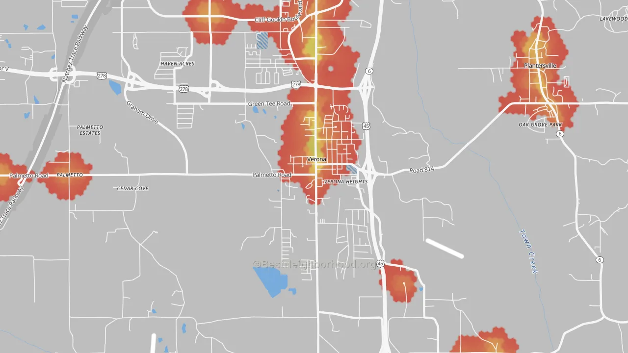 Walk Grade map of Verona, MS, walkable areas in green and car-dependent areas in red