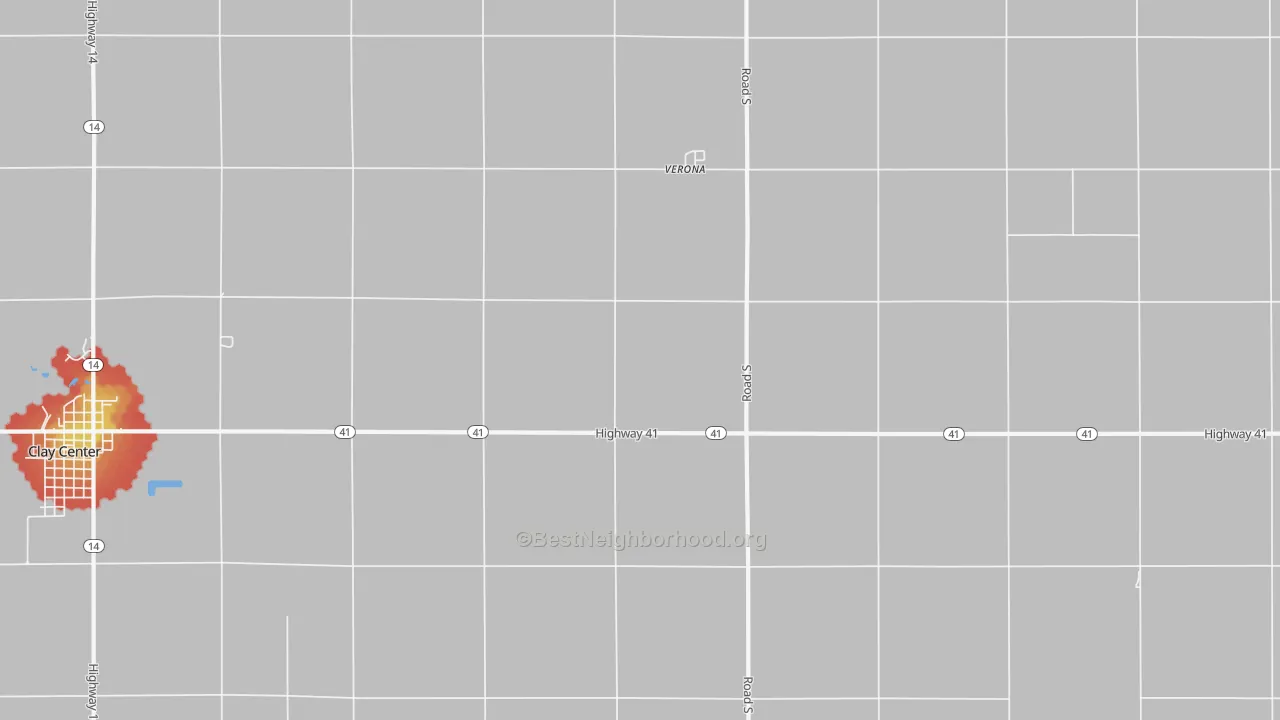 Walk Grade map of Verona, NE, walkable areas in green and car-dependent areas in red