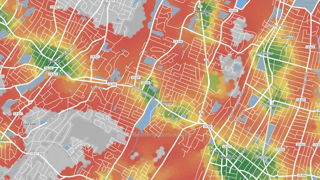 Walk Grade map of Verona, NJ, walkable areas in green and car-dependent areas in red