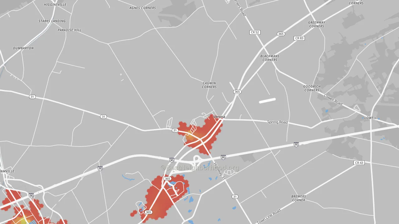 Walk Grade map of Verona, NY, walkable areas in green and car-dependent areas in red