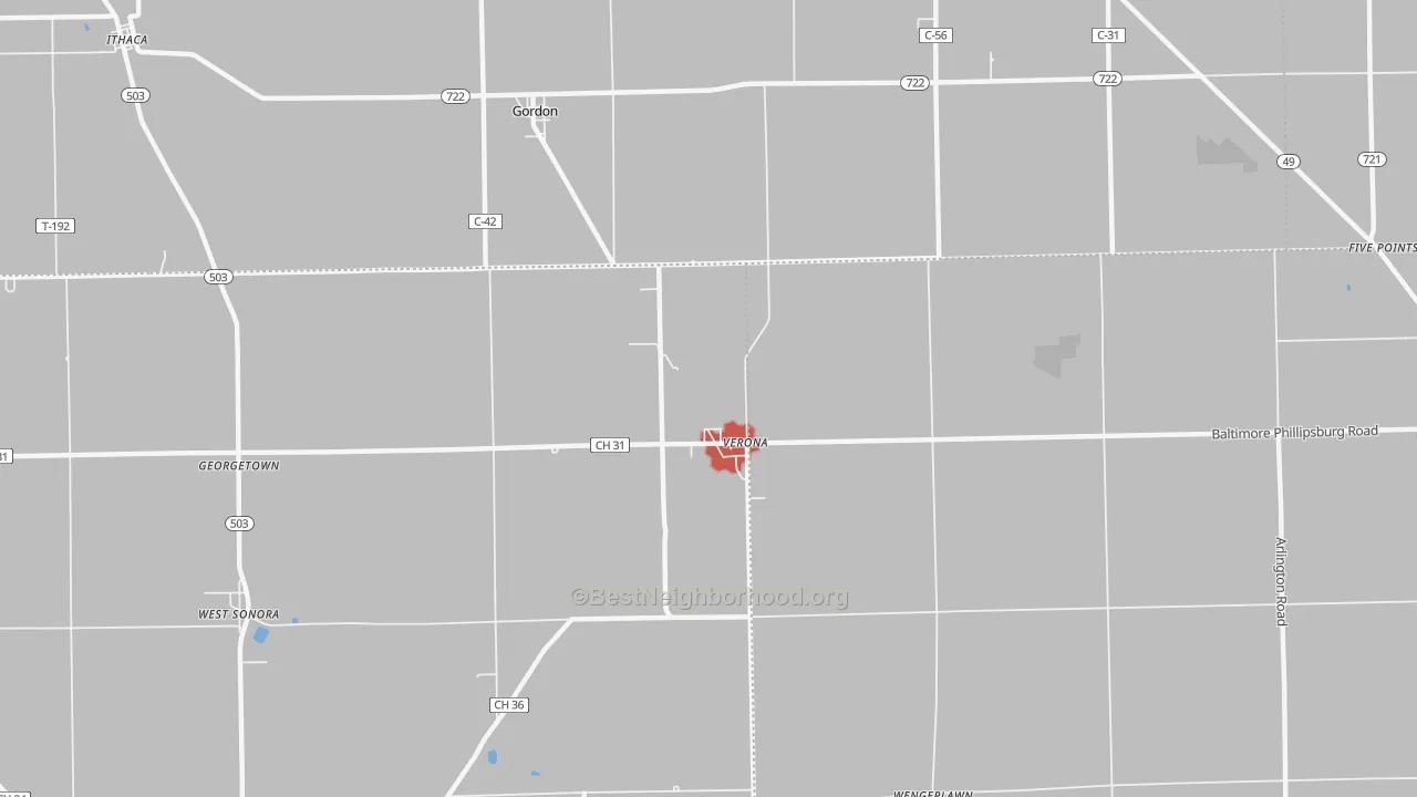 Walk Grade map of Verona, OH, walkable areas in green and car-dependent areas in red