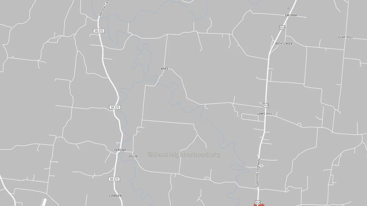 Walk Grade map of Verona, TN, walkable areas in green and car-dependent areas in red