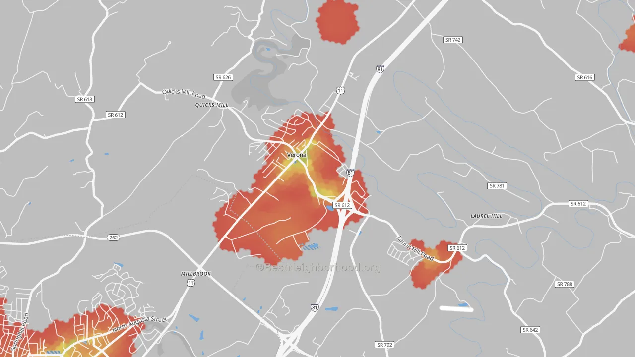 Walk Grade map of Verona, VA, walkable areas in green and car-dependent areas in red