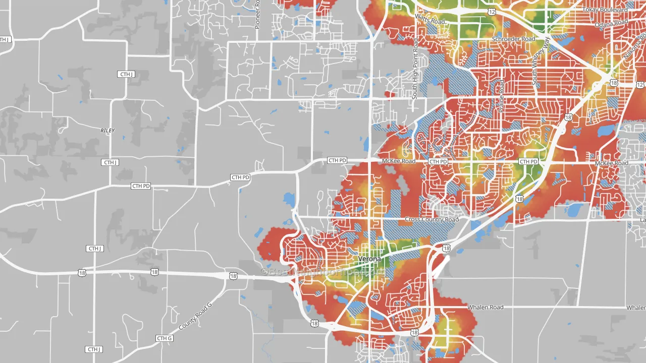 Walk Grade map of Verona, WI, walkable areas in green and car-dependent areas in red