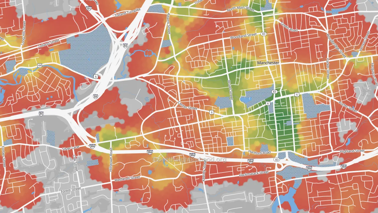 Walk Grade map of Verplanck, Manchester, CT, walkable areas in green and car-dependent areas in red