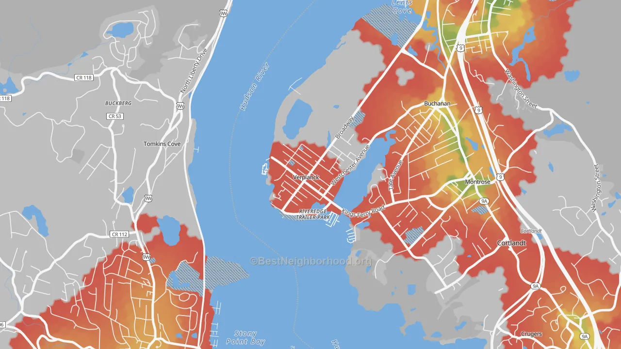 Walk Grade map of Verplanck, NY, walkable areas in green and car-dependent areas in red
