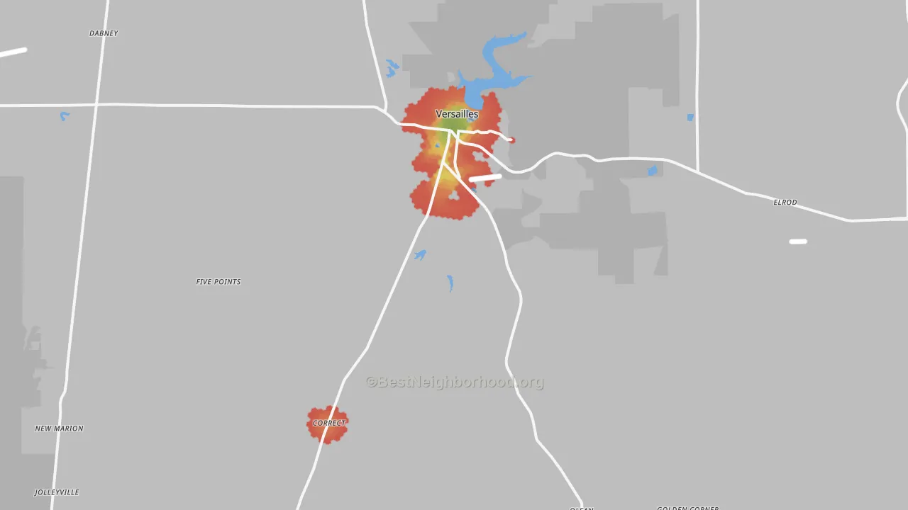 Walk Grade map of Versailles, IN, walkable areas in green and car-dependent areas in red