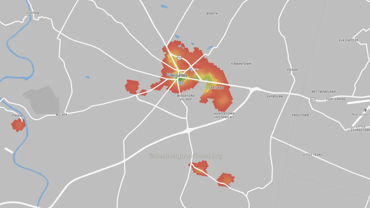 Walk Grade map of Versailles, KY, walkable areas in green and car-dependent areas in red