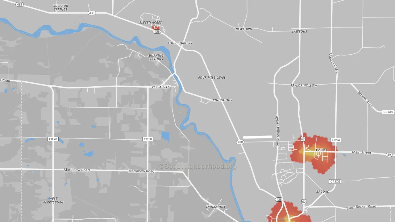 Walk Grade map of Versailles, NY, walkable areas in green and car-dependent areas in red