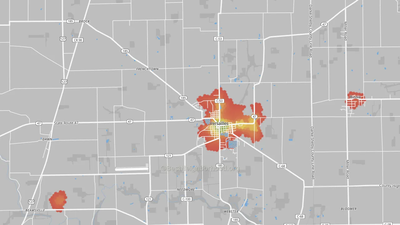 Walk Grade map of Versailles, OH, walkable areas in green and car-dependent areas in red