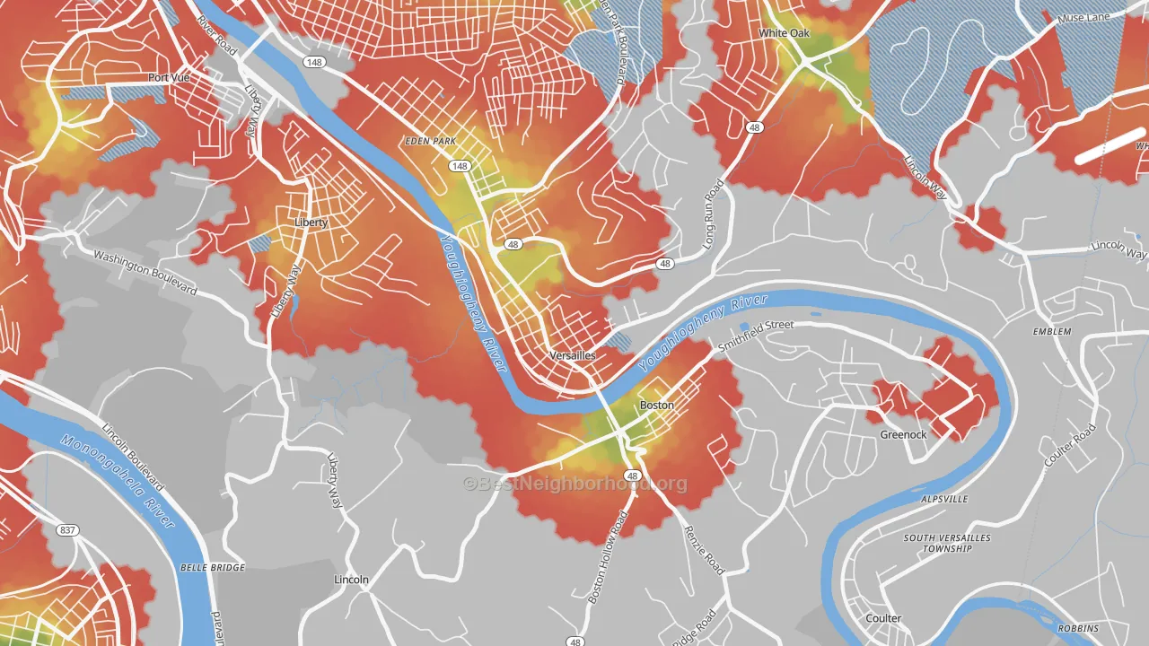 Walk Grade map of Versailles, PA, walkable areas in green and car-dependent areas in red