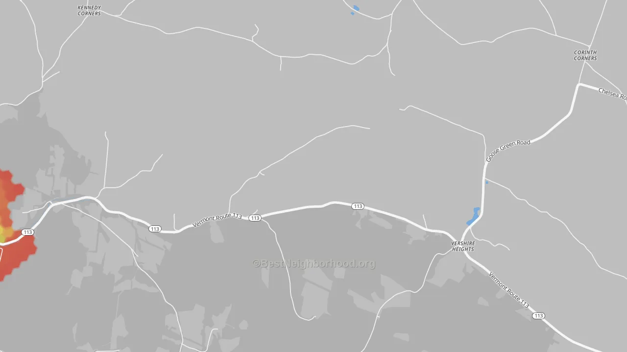 Walk Grade map of Vershire Heights, VT, walkable areas in green and car-dependent areas in red