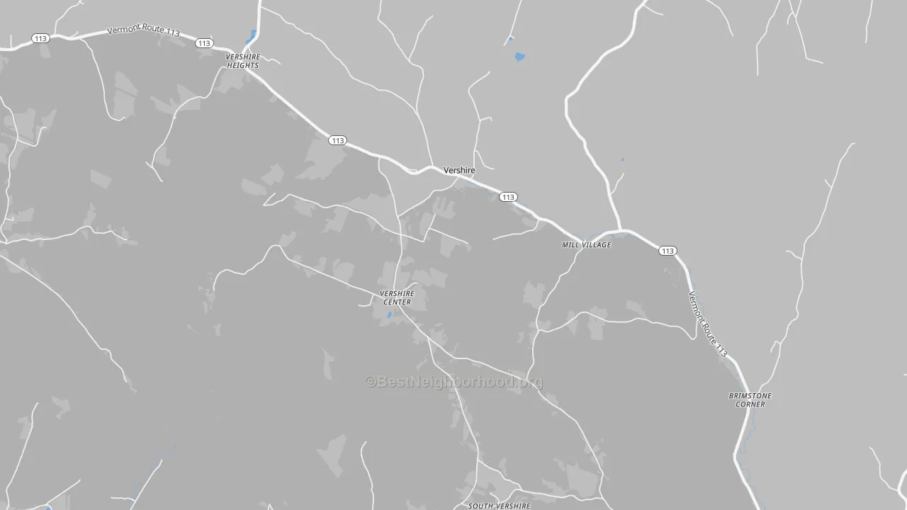 Walk Grade map of Vershire, VT, walkable areas in green and car-dependent areas in red