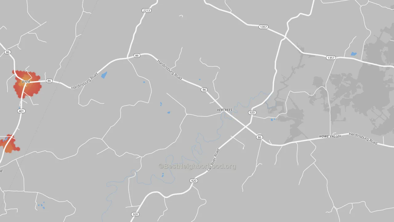 Walk Grade map of Vertrees, KY, walkable areas in green and car-dependent areas in red