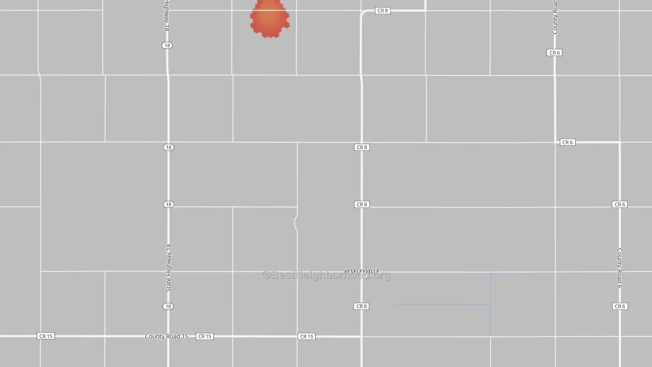Walk Grade map of Veseleyville, ND, walkable areas in green and car-dependent areas in red