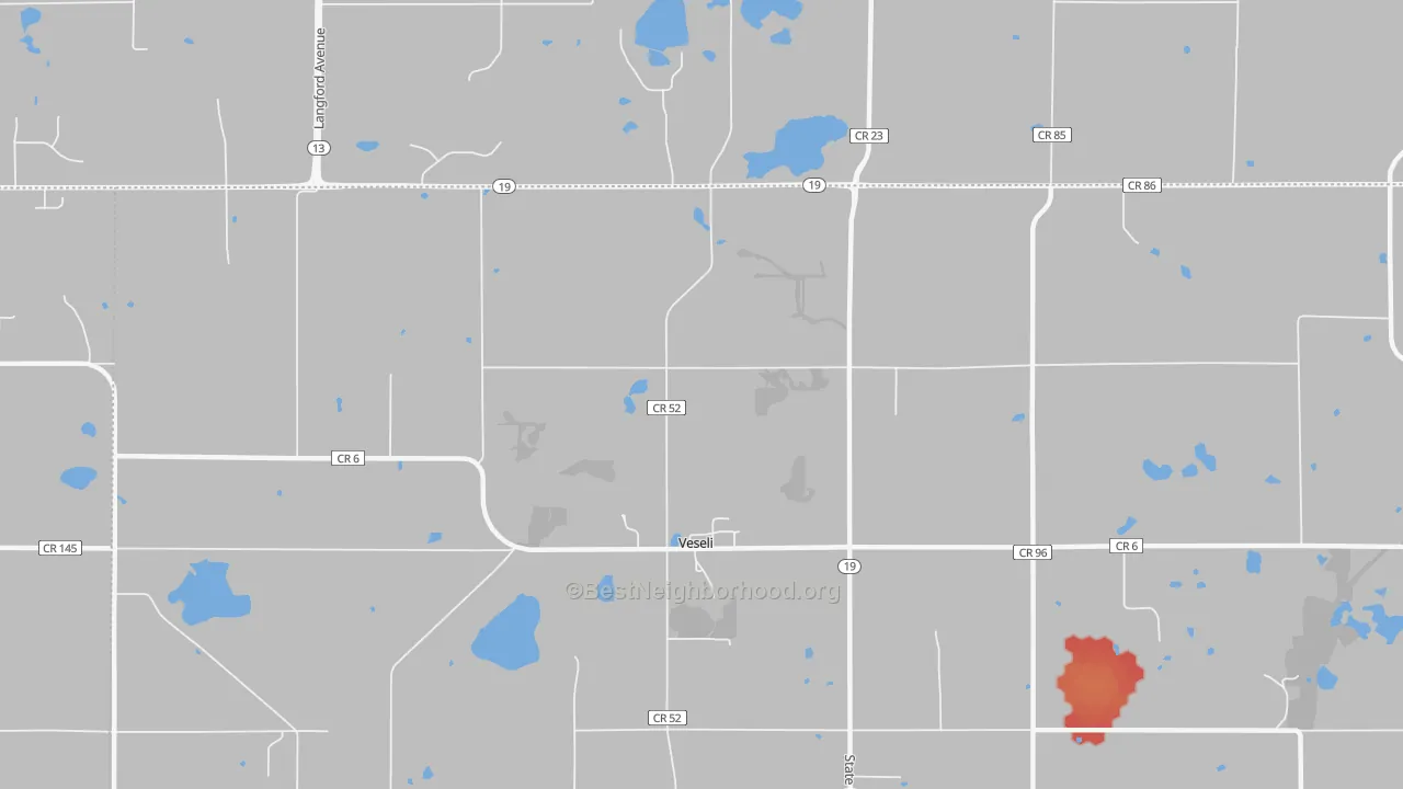 Walk Grade map of Veseli, MN, walkable areas in green and car-dependent areas in red