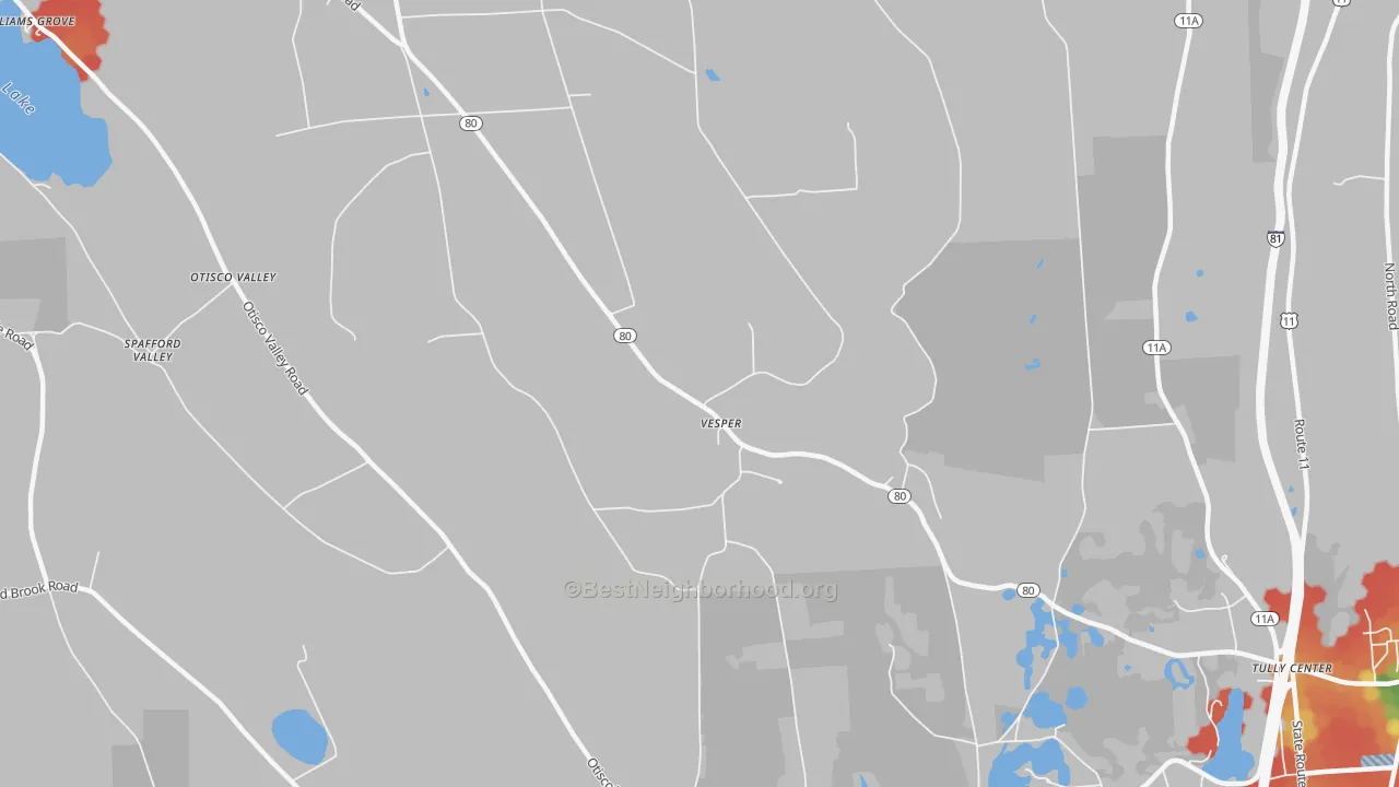 Walk Grade map of Vesper, NY, walkable areas in green and car-dependent areas in red